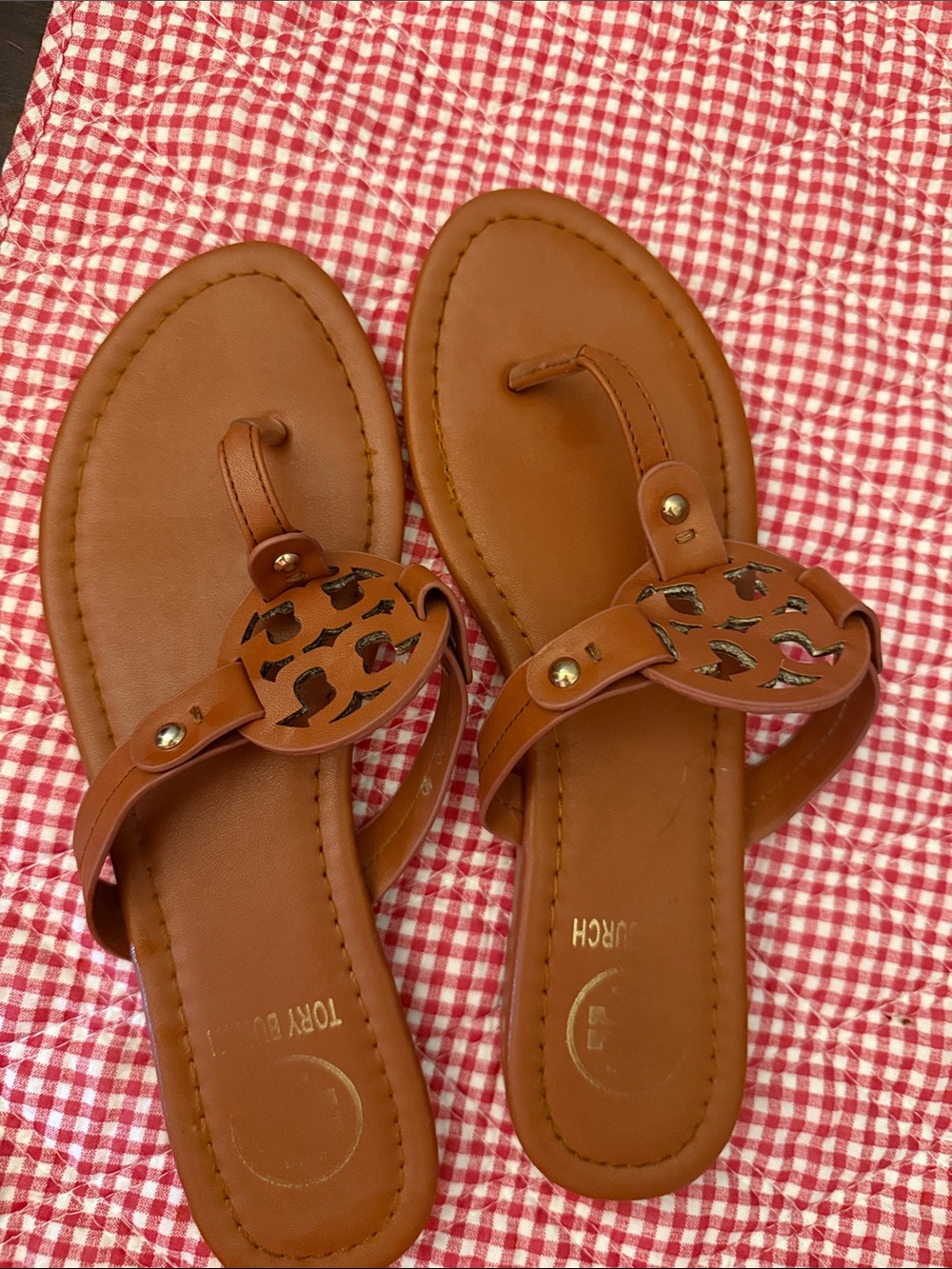 Tory Burch Brown Leather Cutout Medallion Toe-Loop Sandals